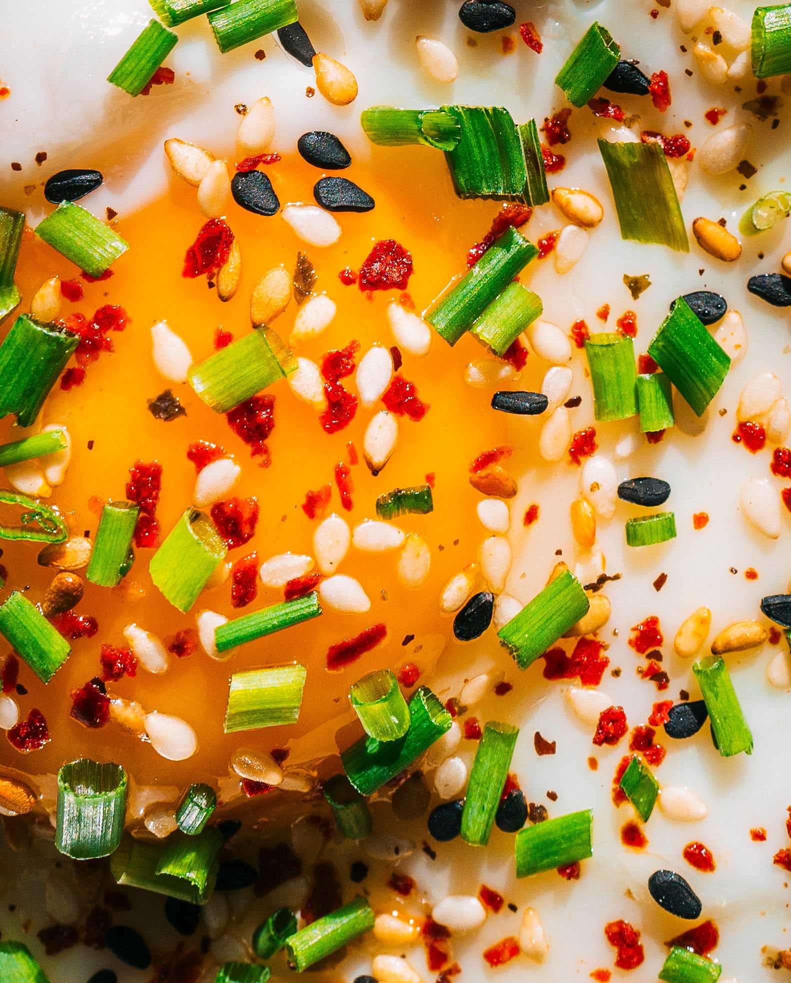 Close-up of a fried egg topped with chopped green onion, black sesame seeds, white sesame seeds, and red chili flakes.